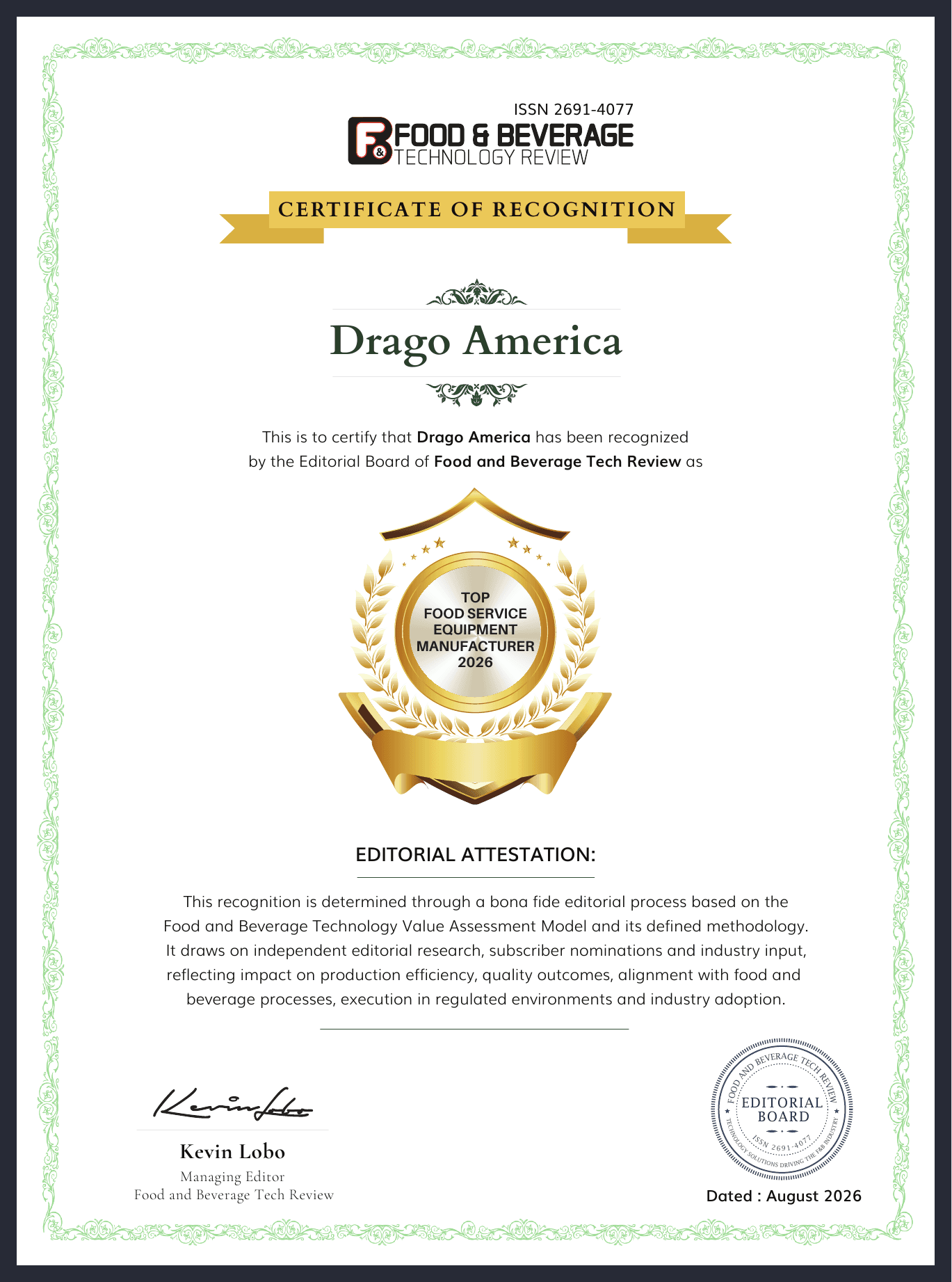 Official Food & Beverage Technology Review certificate recognizing Drago America as a Top Food Service Equipment Manufacturer 2026