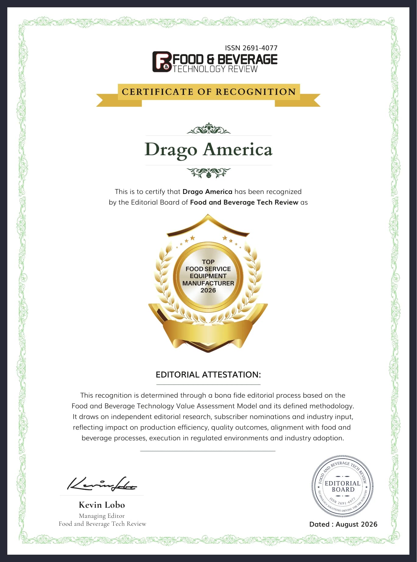 Official Food & Beverage Technology Review certificate recognizing Drago America as a Top Food Service Equipment Manufacturer 2026