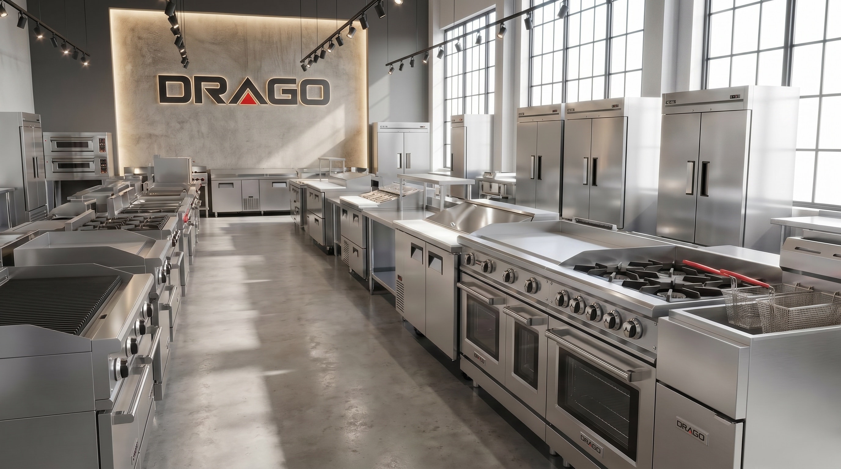 DRAGO showroom lined with commercial cooking and refrigeration equipment