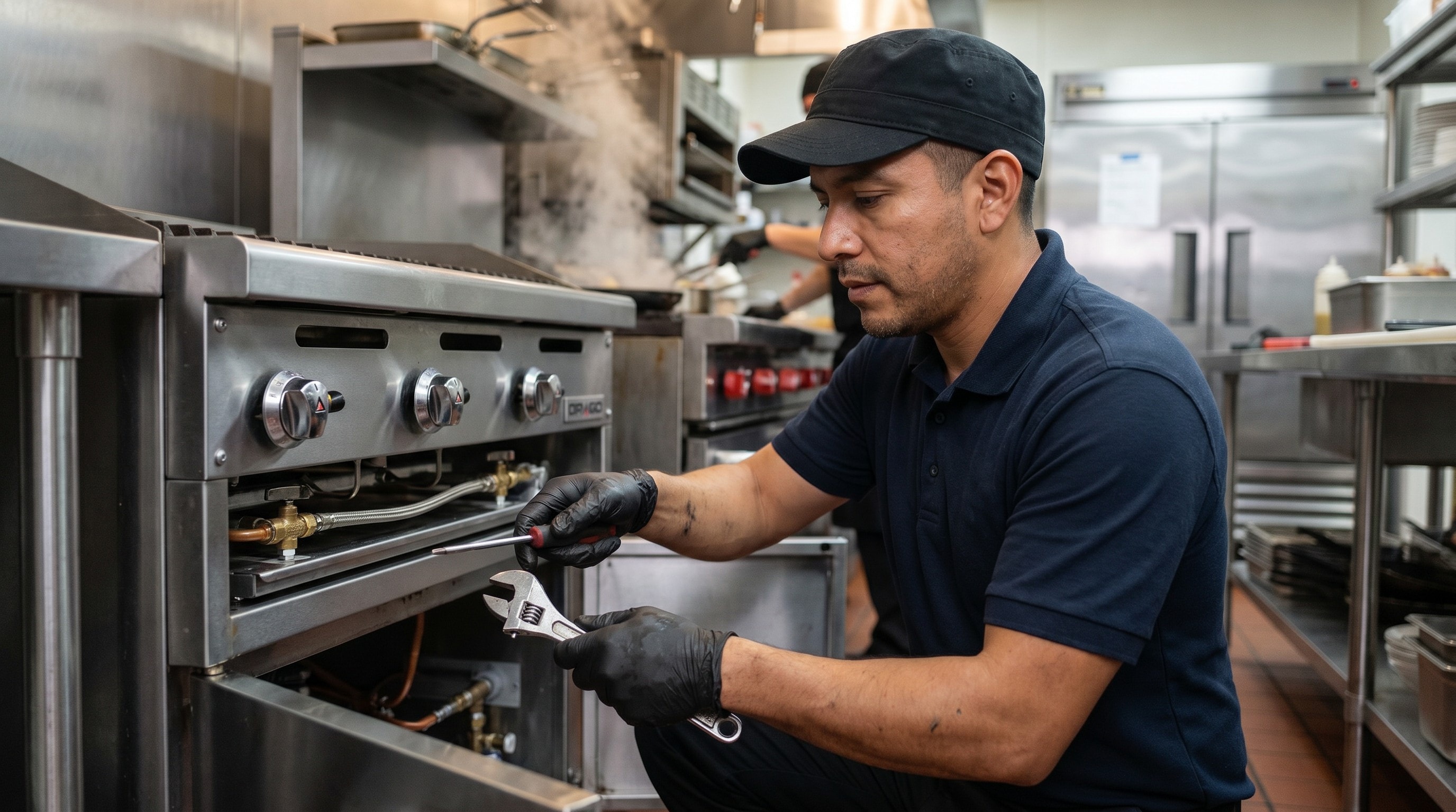 DRAGO technician servicing commercial cooking equipment