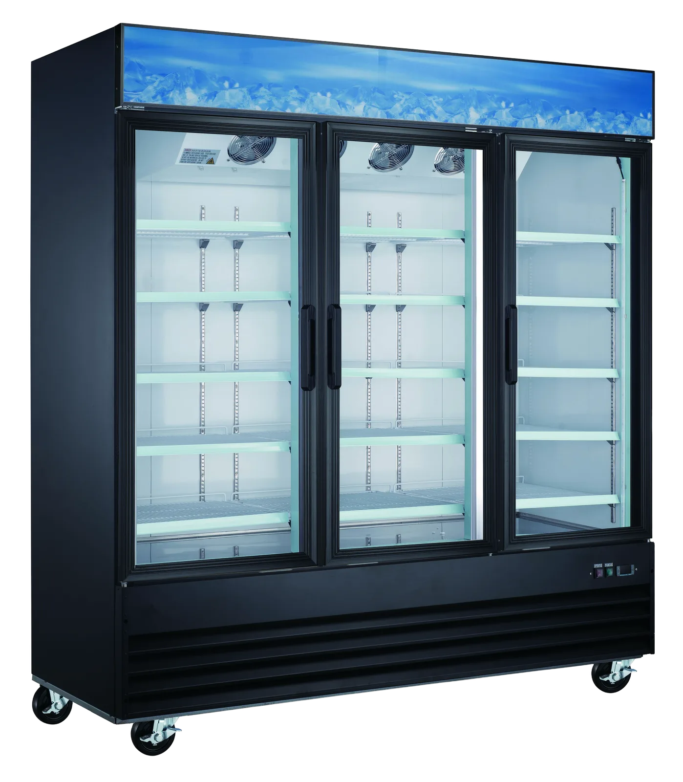 Merchandising Three Hinged Glass Door Refrigerator