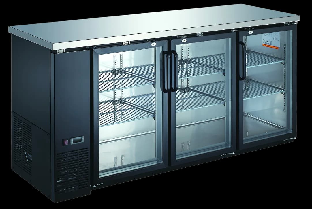 72″ Glass Door Hinged Back Bar Cooler — model DRBB72GH