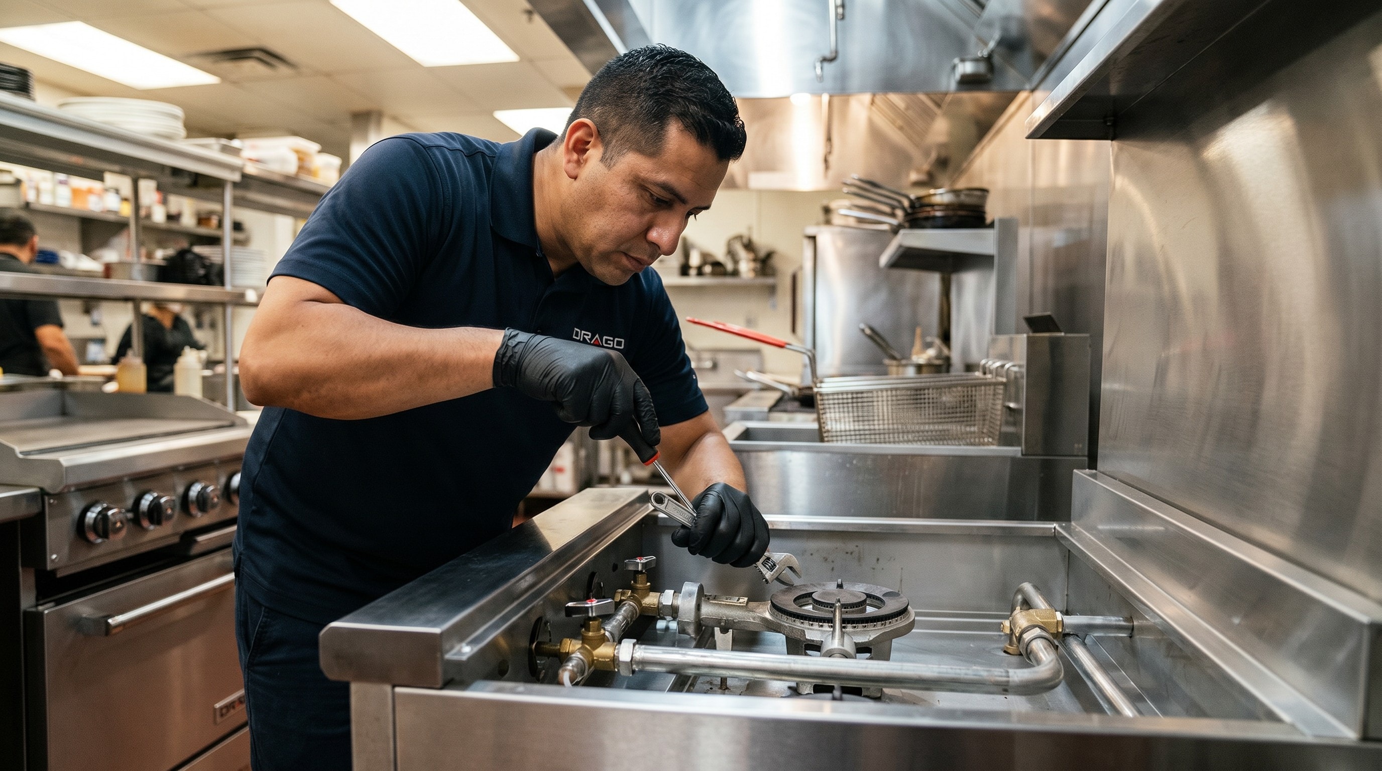 A DRAGO service technician maintaining commercial kitchen equipment